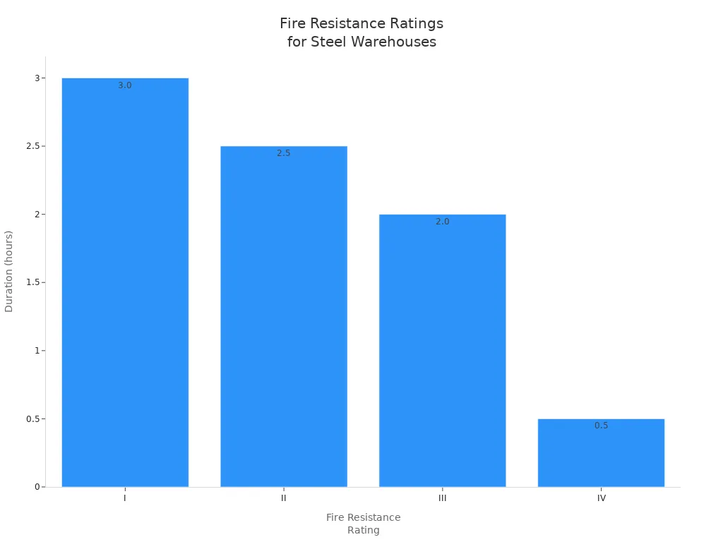 Bar chart showing required fire resistance durations for steel structure warehouses by rating according to Chinese codes